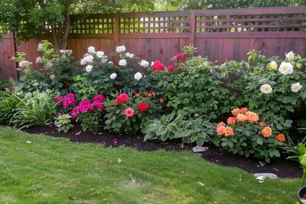 backyard flower bed with roses, lilies and evergreens in the front row