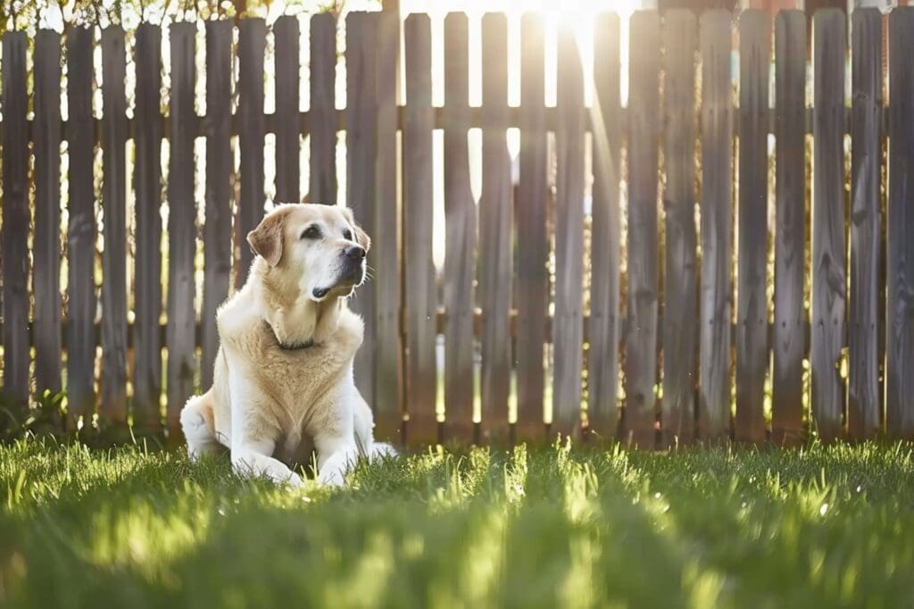 a dog sitting on the grass in front of wooden fence