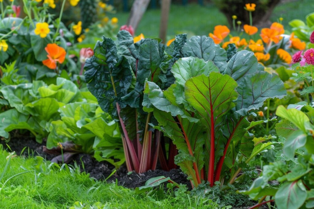 A garden with swiss chard growing in the grass, surrounded by flowers and other vegetables