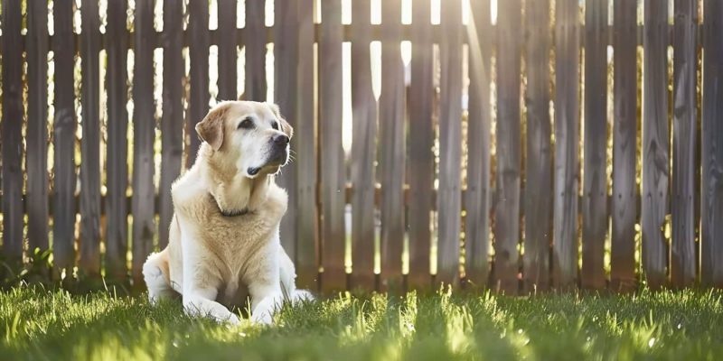 a dog sitting on the grass in front of wooden fence