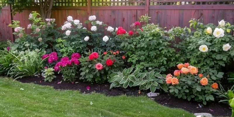backyard flower bed with roses, lilies and evergreens in the front row